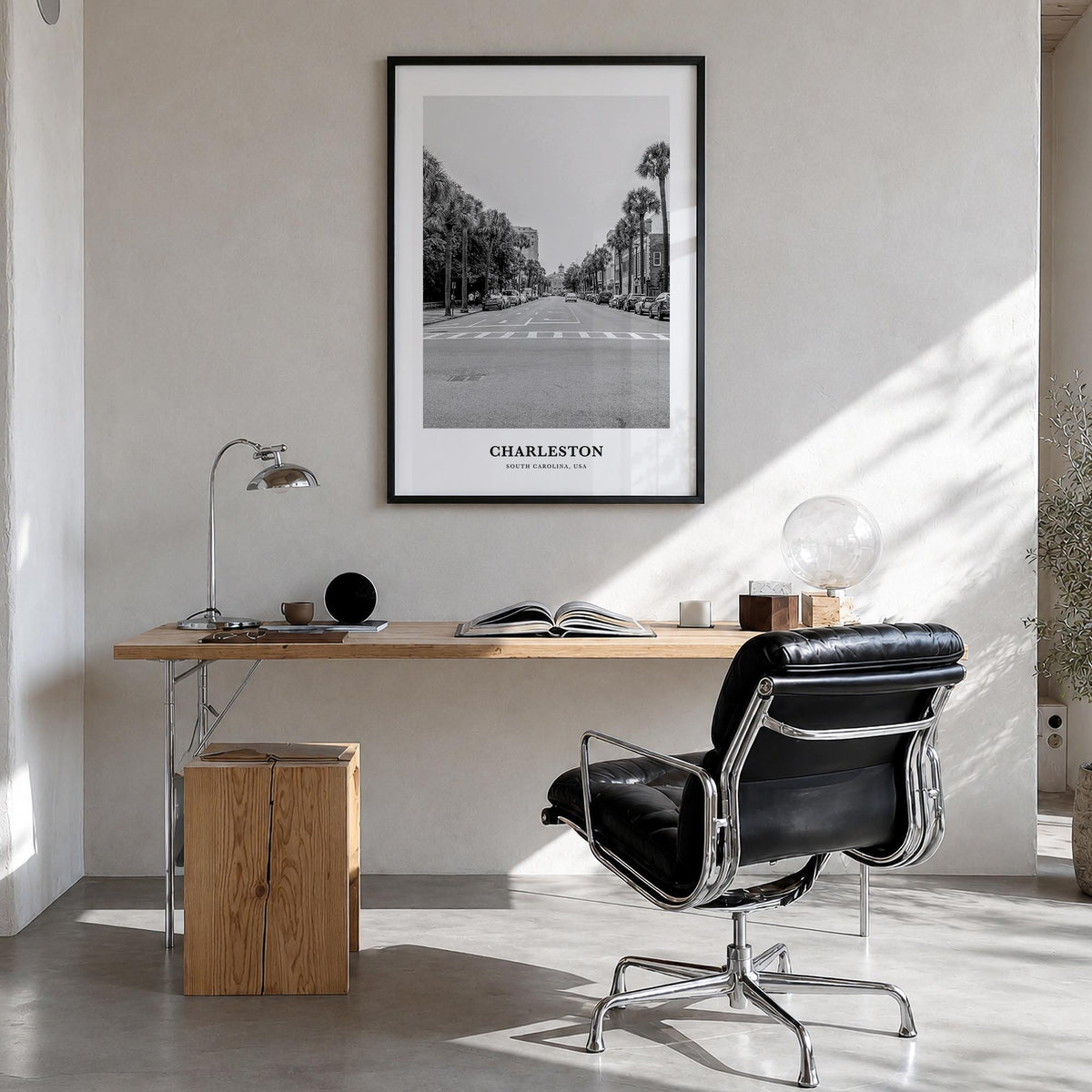 Charleston, South Carolina no. 1 black & white classic poster of South Carolina, USA – vertical wall art in black wood frame,