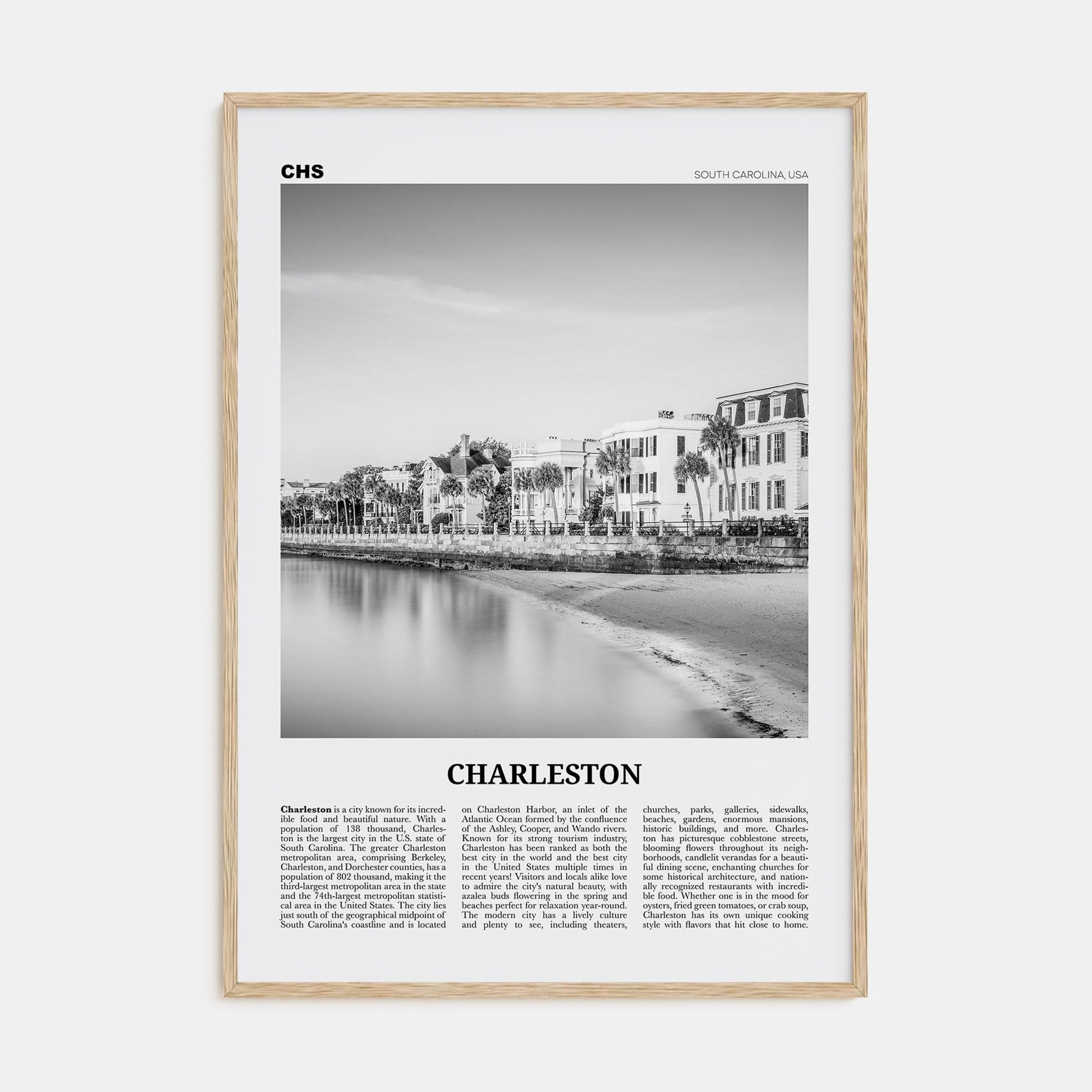 Charleston, South Carolina No 1 Poster Natural Wood / 8x12 in Nbourhood Travel B&W Poster