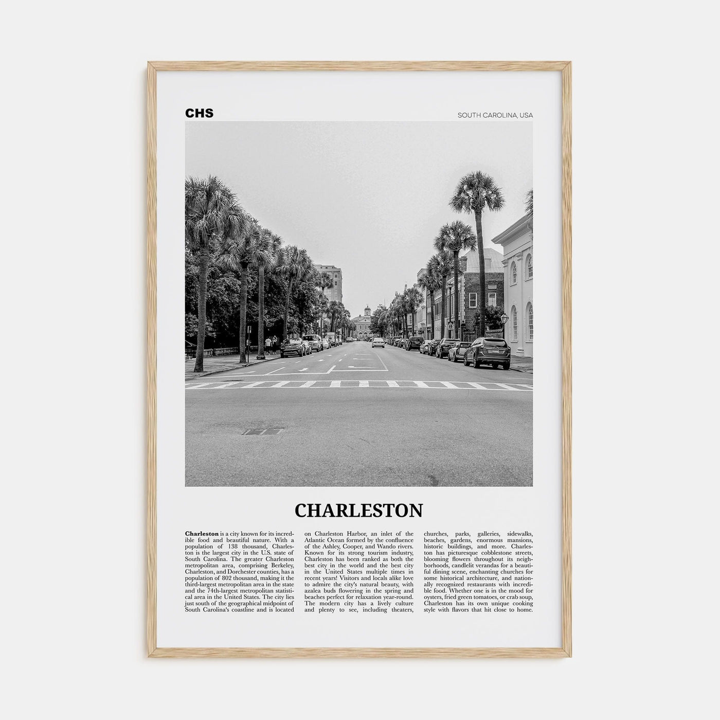 Charleston, South Carolina No 2 Poster Natural Wood / 8x12 in Nbourhood Travel B&W Poster