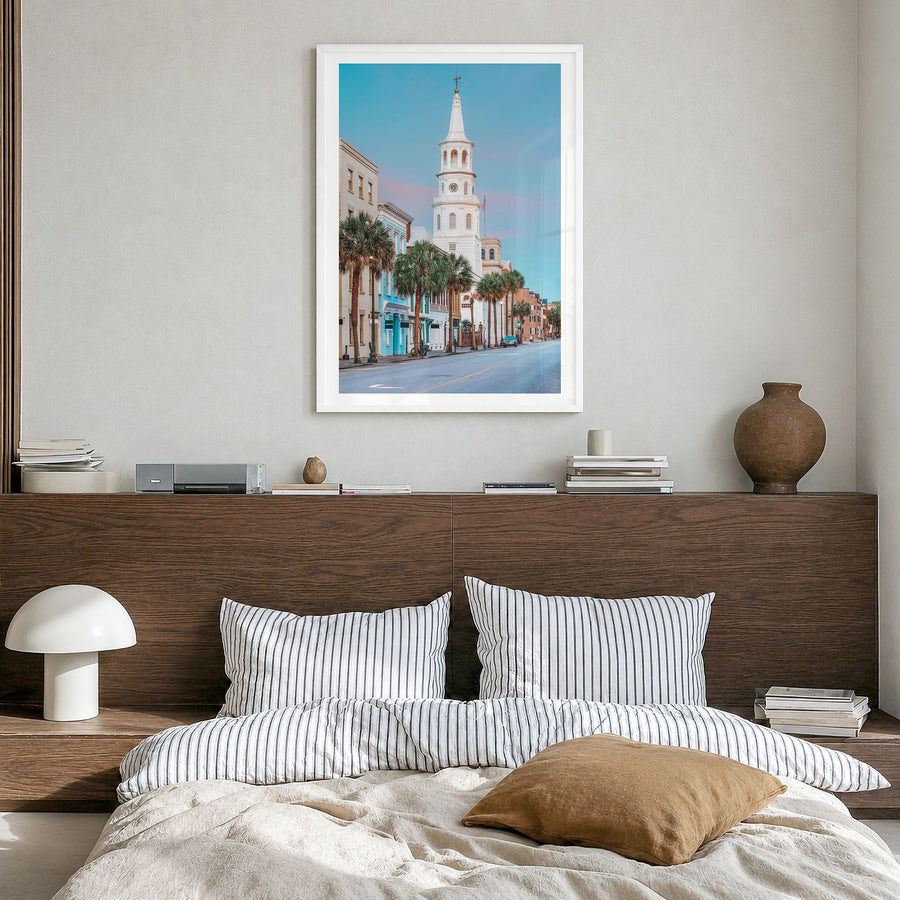 Charleston, South Carolina Photo Poster in a white wood frame, hanging in a bedroom, white border