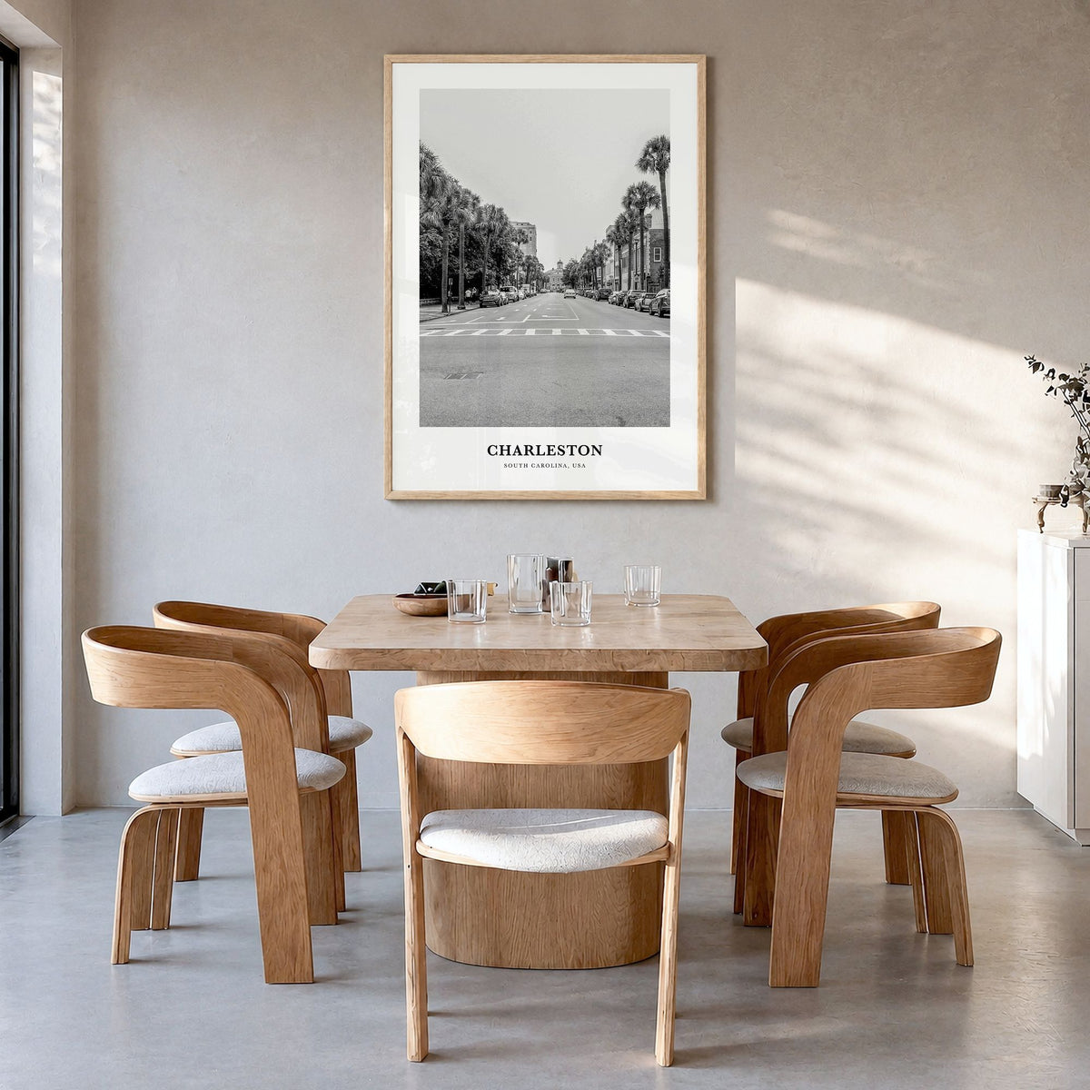 Charleston, South Carolina Classic No 1 Poster in a natural wood frame, hanging in a dining room