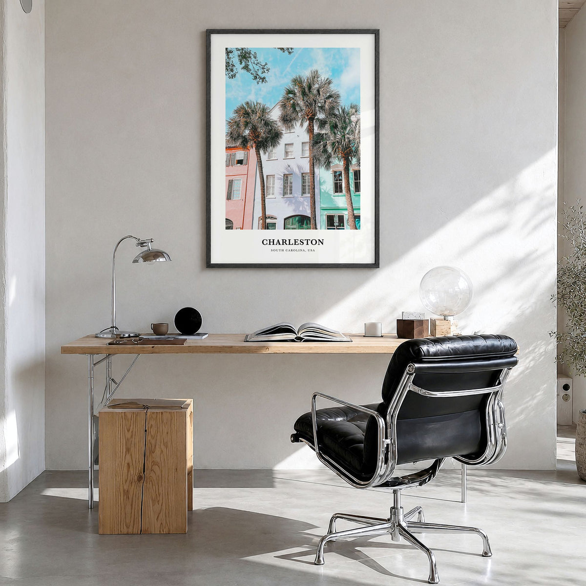 Charleston, South Carolina Classic No 2 Poster in a black wood frame, hanging in a bright home office