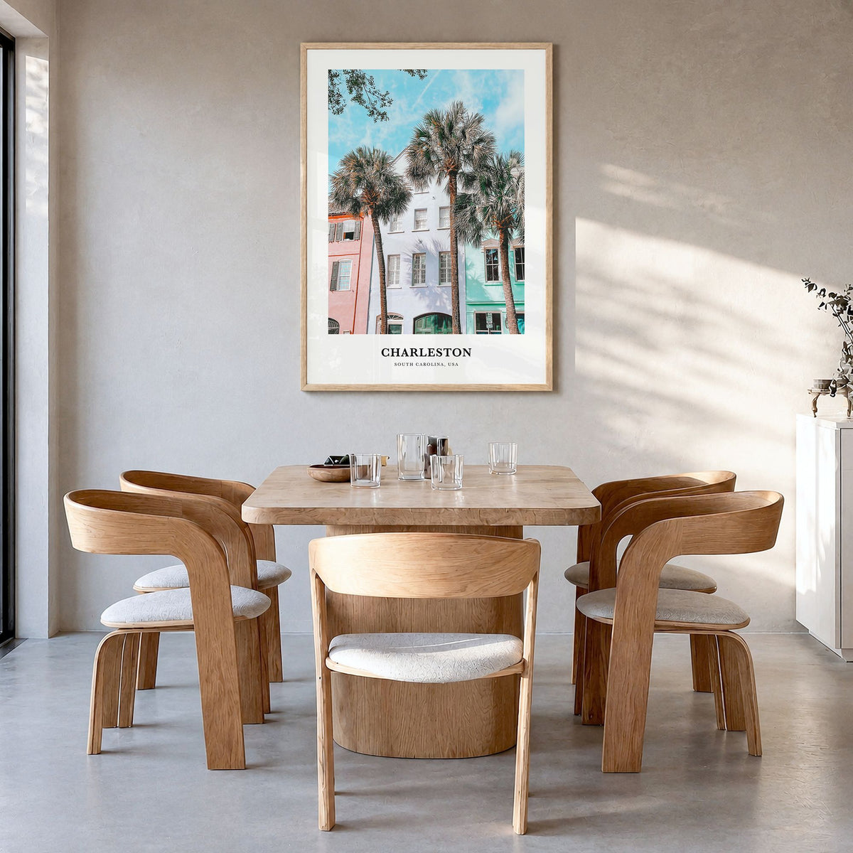 Charleston, South Carolina Classic No 2 Poster in a natural wood frame, hanging in a dining room