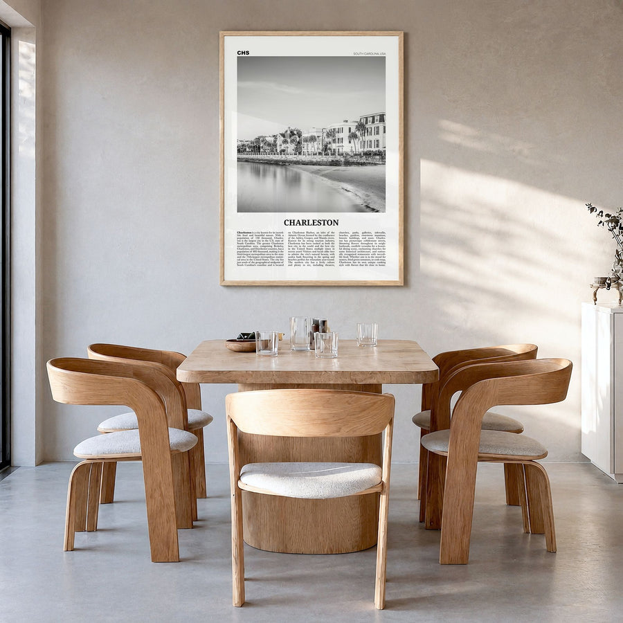 Charleston, South Carolina Newspaper No 1 Poster in a natural wood frame, hanging in a dining room