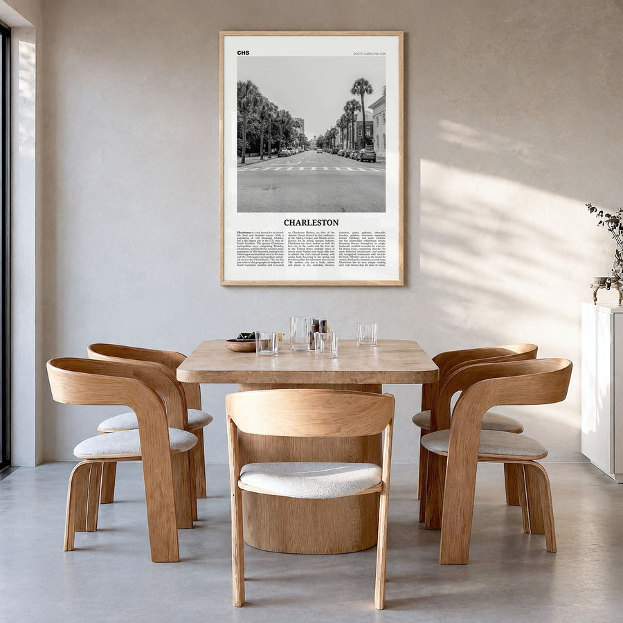 Charleston, South Carolina Newspaper No 2 Poster in a natural wood frame, hanging in a dining room