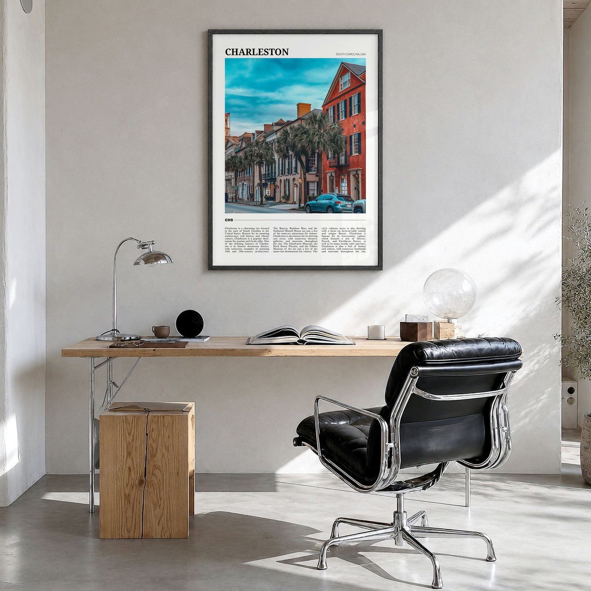 Charleston, South Carolina Travel No 1 Poster in a black wood frame, hanging in a bright home office
