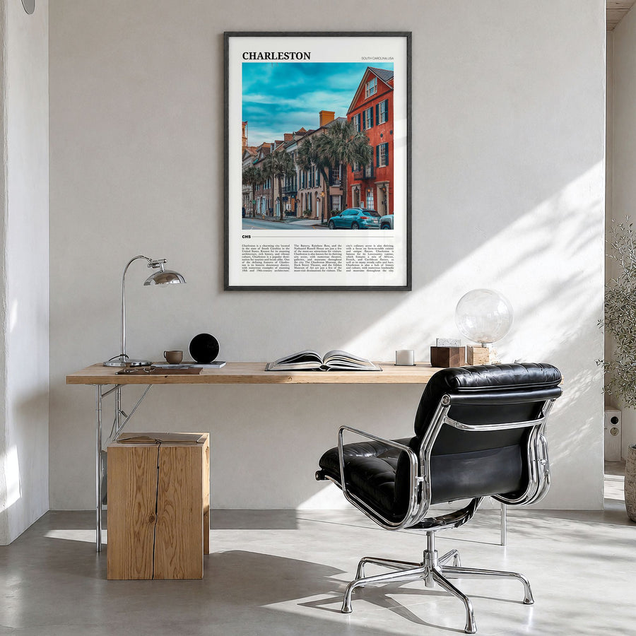 Charleston, South Carolina Travel No 1 Poster in a black wood frame, hanging in a bright home office