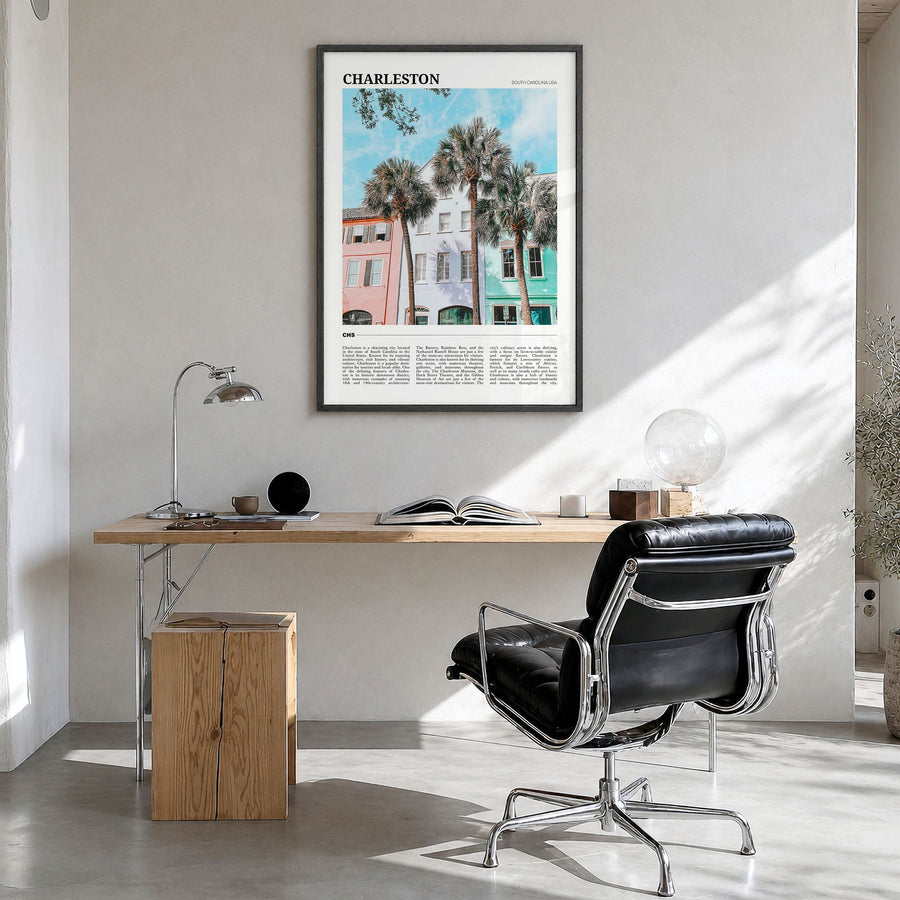 Charleston, South Carolina Travel No 2 Poster in a black wood frame, hanging in a bright home office