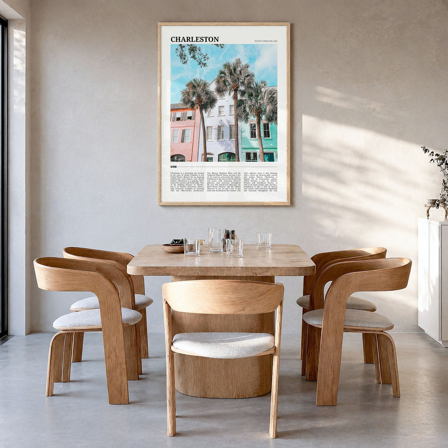 Charleston, South Carolina Travel No 2 Poster in a natural wood frame, hanging in a dining room