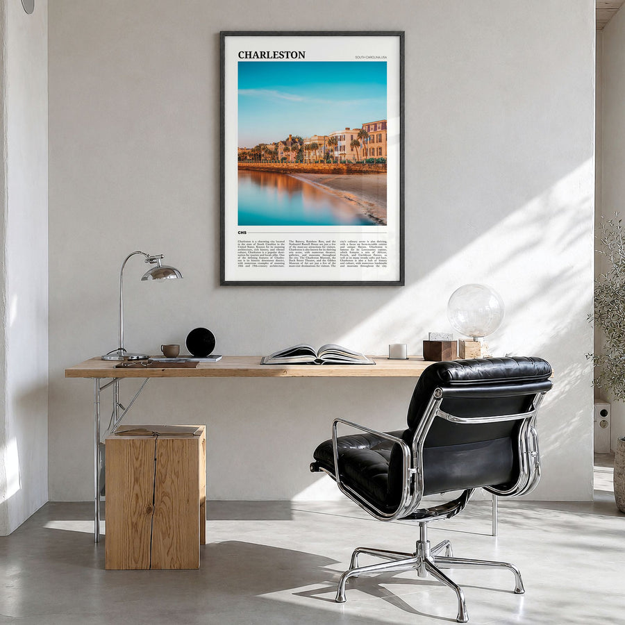 Charleston, South Carolina Travel No 3 Poster in a black wood frame, hanging in a bright home office