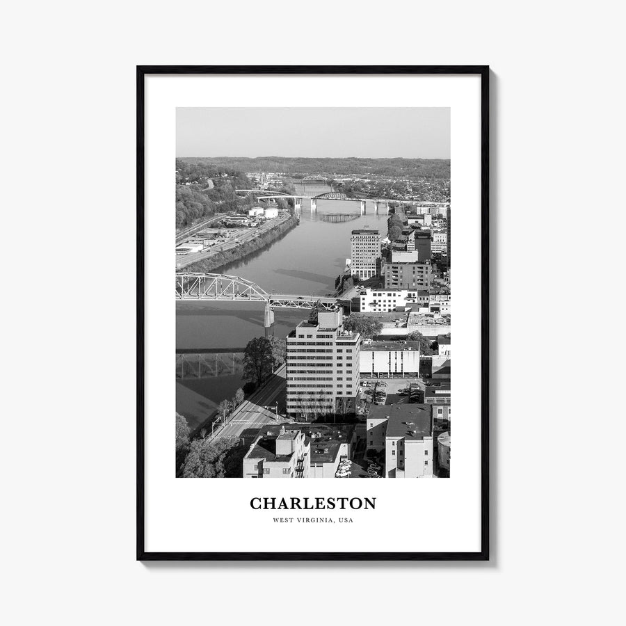 Charleston, West Virginia black & white classic poster of West Virginia, USA – vertical wall art, unframed print shown in int