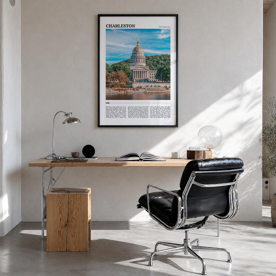 Charleston, West Virginia colorful travel poster of West Virginia, USA – vertical wall art in black wood frame, hanging on wa