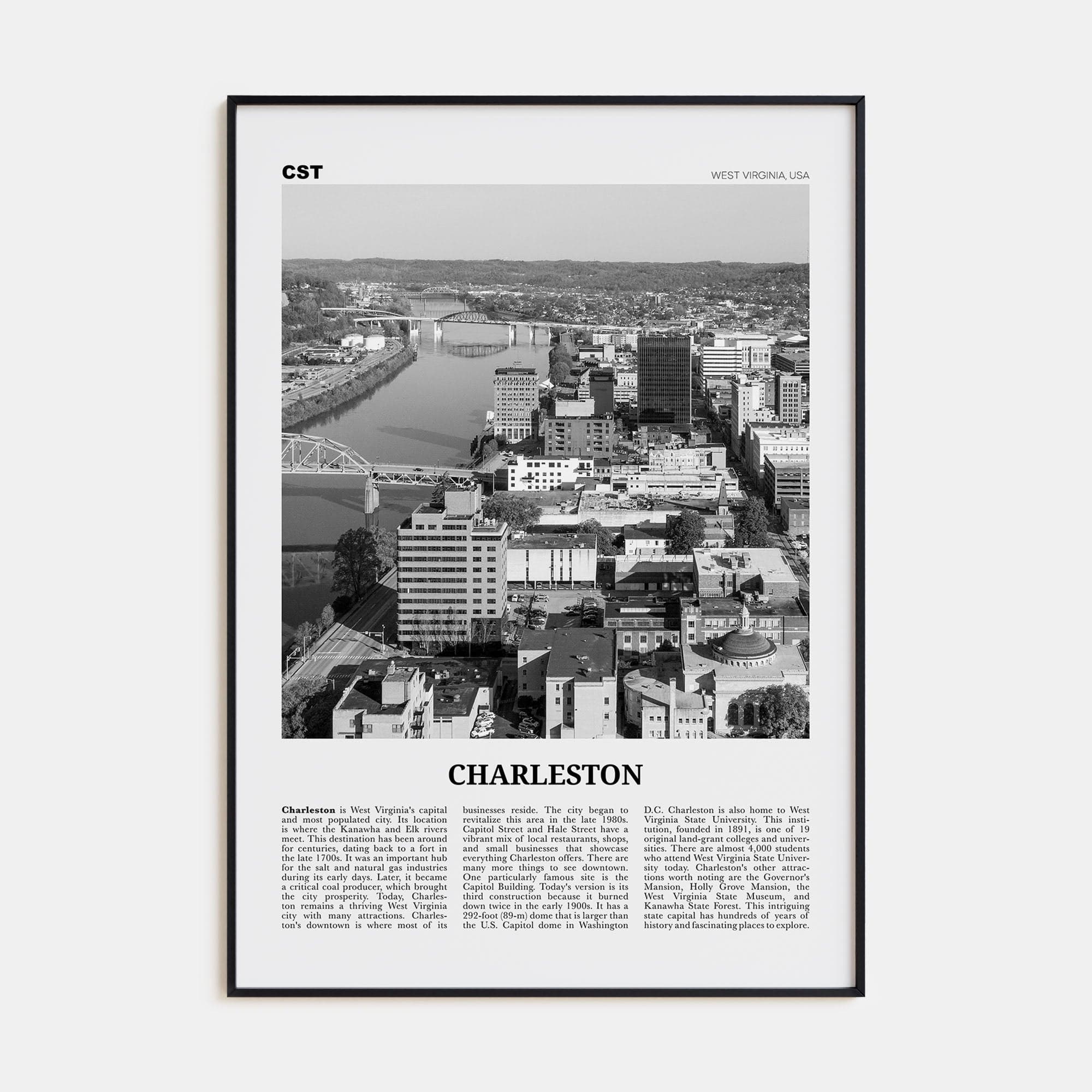 Charleston, West Virginia Poster None / 8x12 in Nbourhood Travel B&W Poster