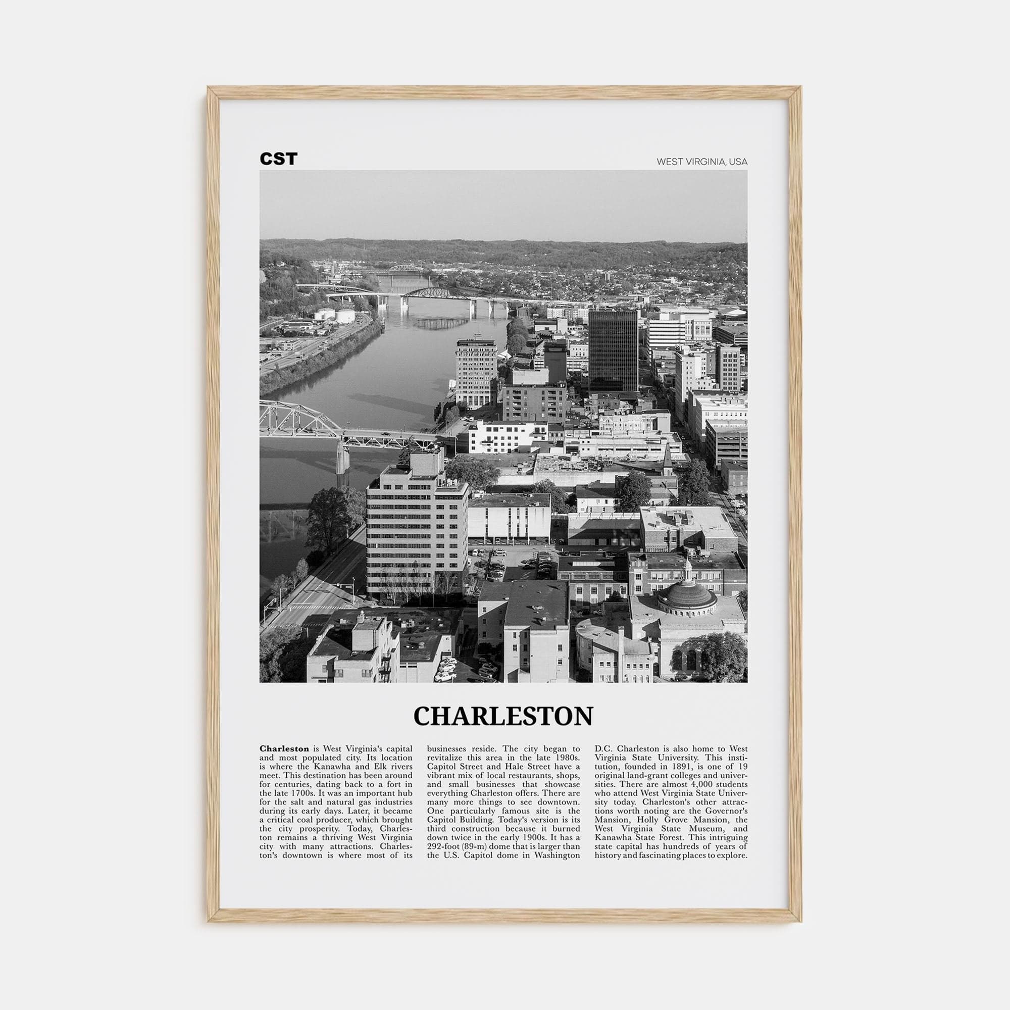 Charleston, West Virginia Poster Natural Wood / 8x12 in Nbourhood Travel B&W Poster