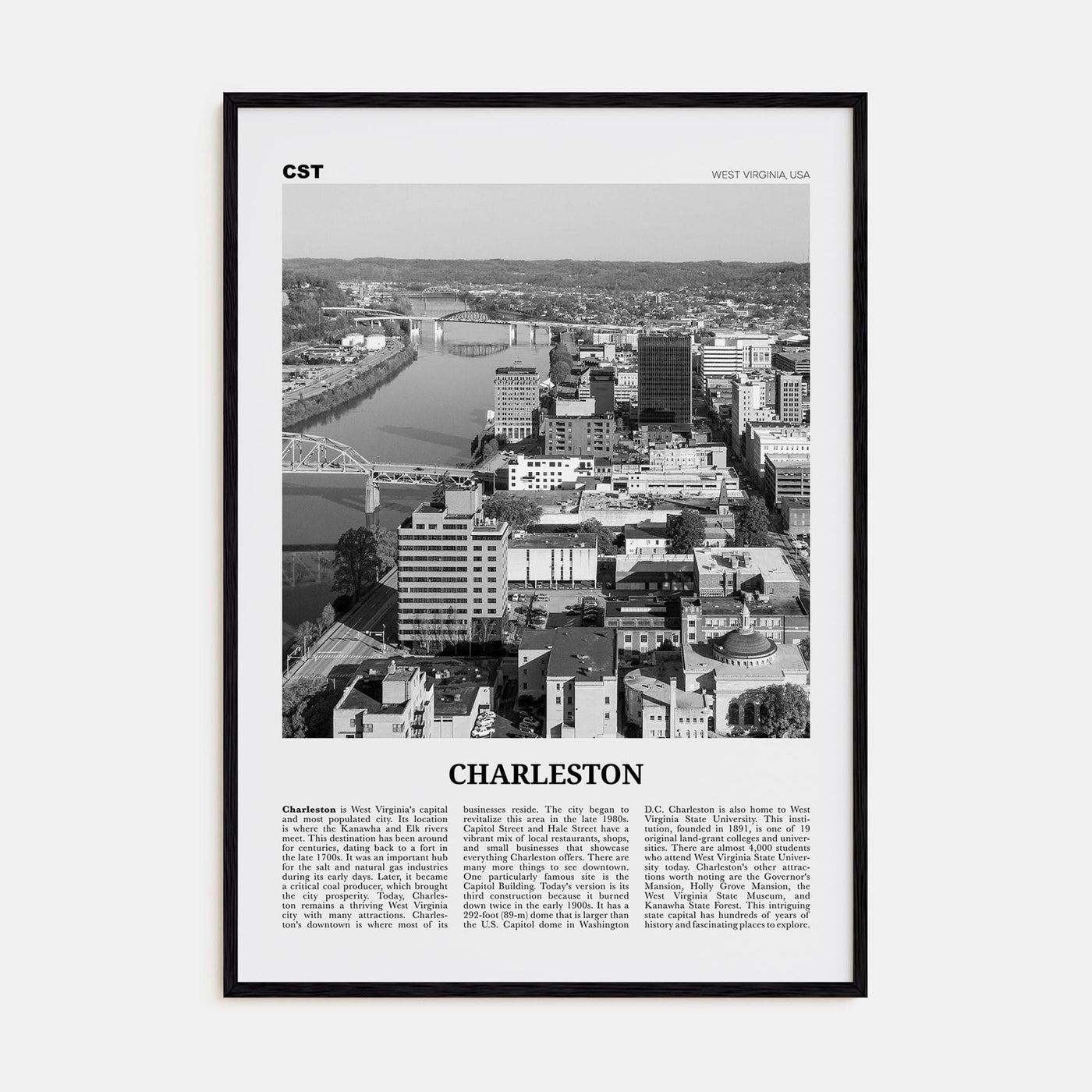 Charleston, West Virginia Poster Black Wood / 8x12 in Nbourhood Travel B&W Poster