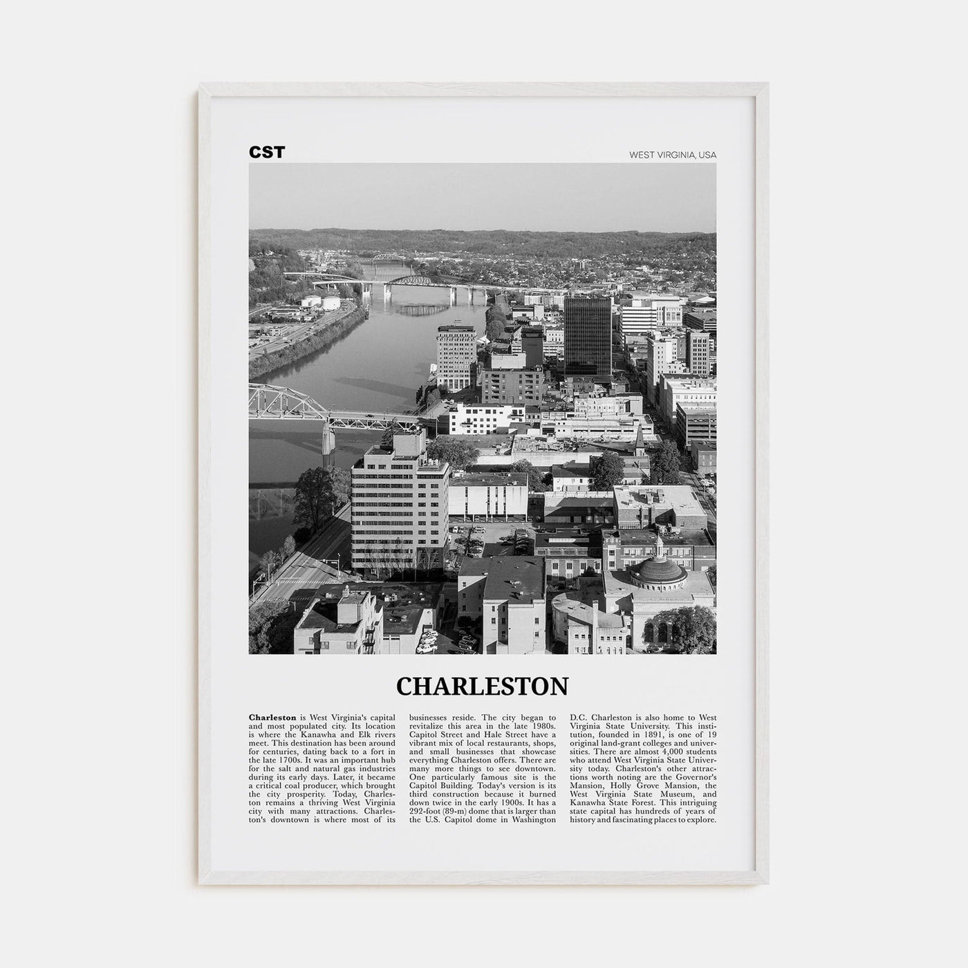 Charleston, West Virginia Poster White Wood / 8x12 in Nbourhood Travel B&W Poster