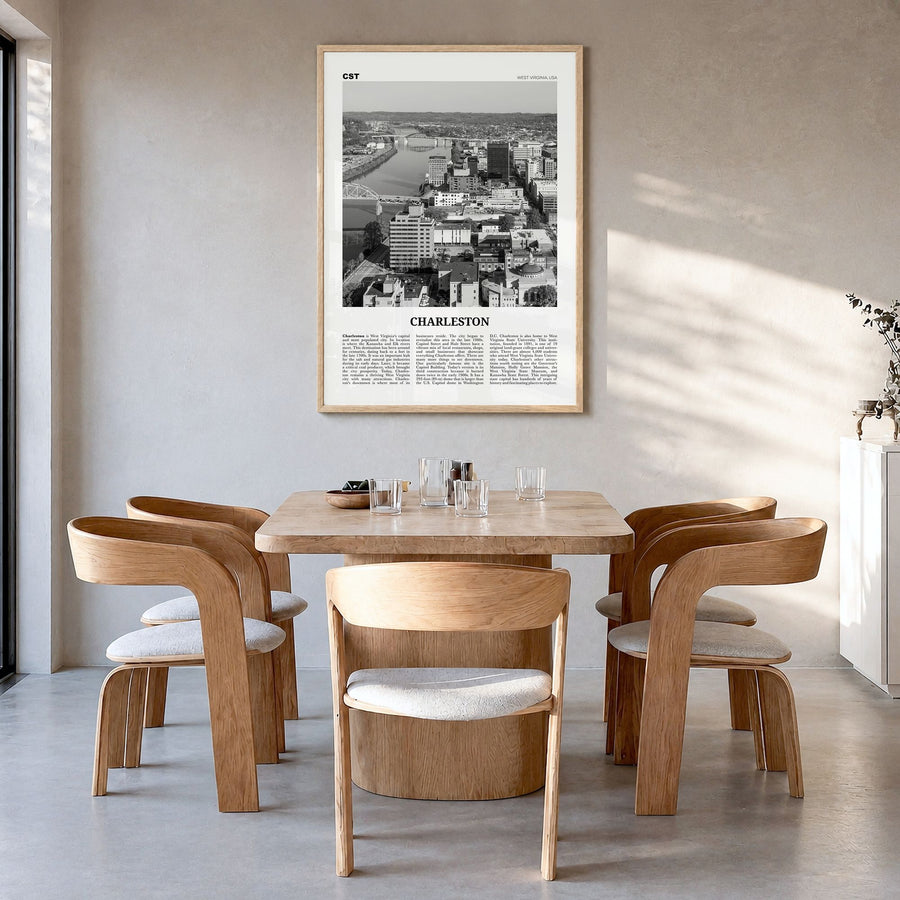 Charleston, West Virginia Newspaper Poster in a natural wood frame, hanging in a dining room