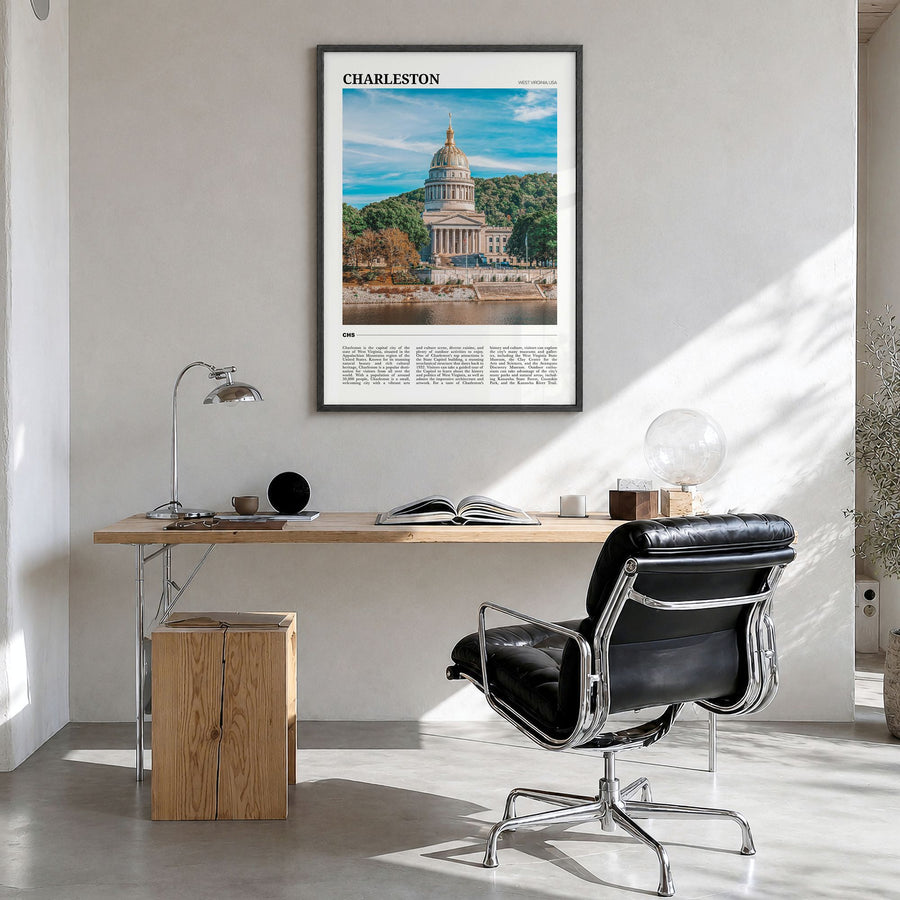 Charleston, West Virginia Travel Poster in a black wood frame, hanging in a bright home office