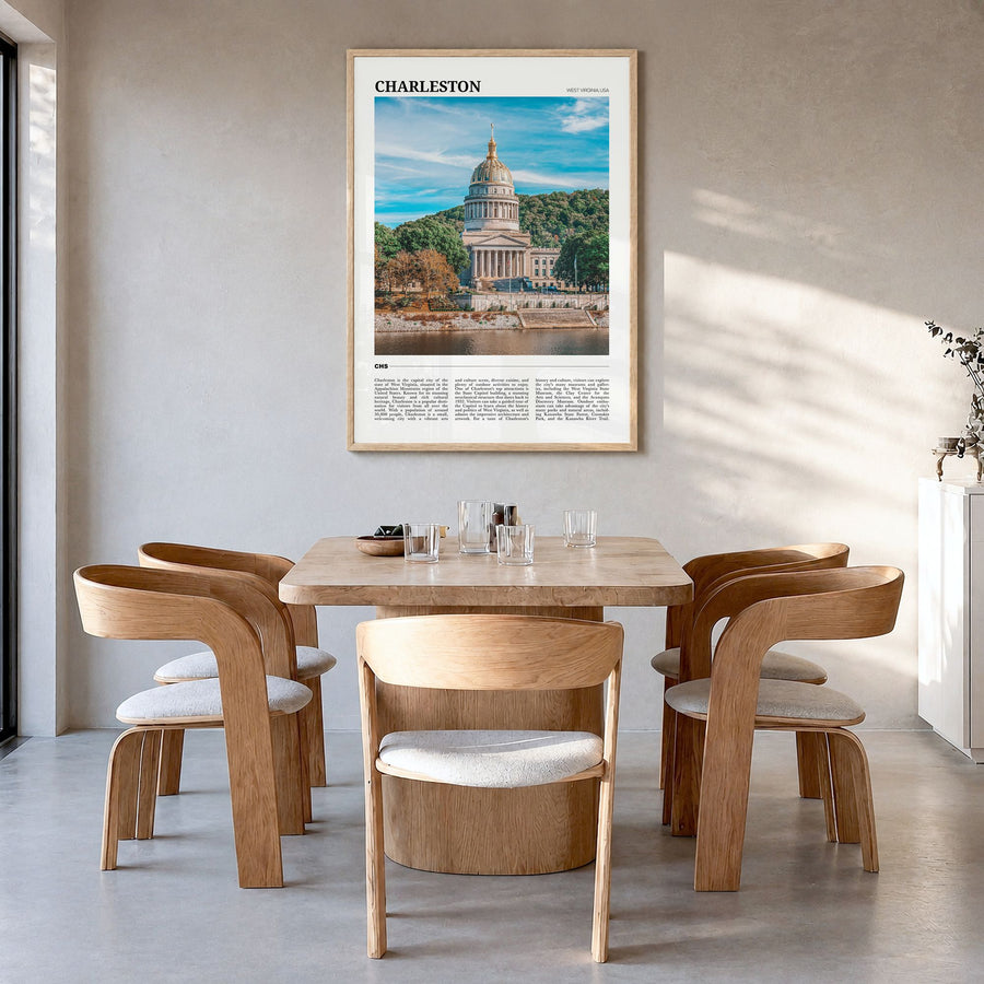Charleston, West Virginia Travel Poster in a natural wood frame, hanging in a dining room