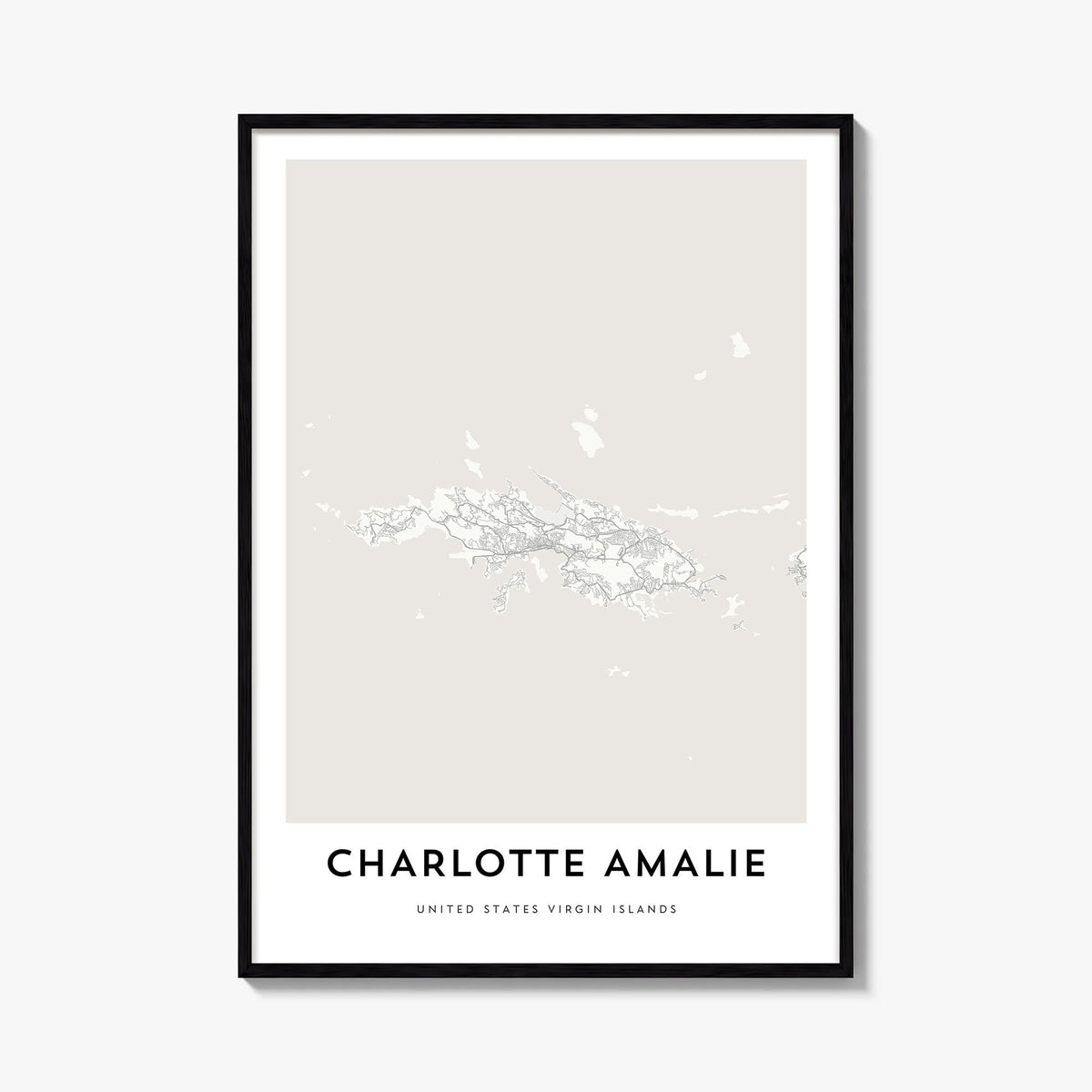 Charlotte Amalie black & white map poster of United States Virgin Islands – vertical wall art, unframed print shown in interi