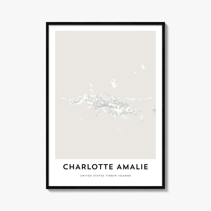 Charlotte Amalie black & white map poster of United States Virgin Islands – vertical wall art, unframed print shown in interi