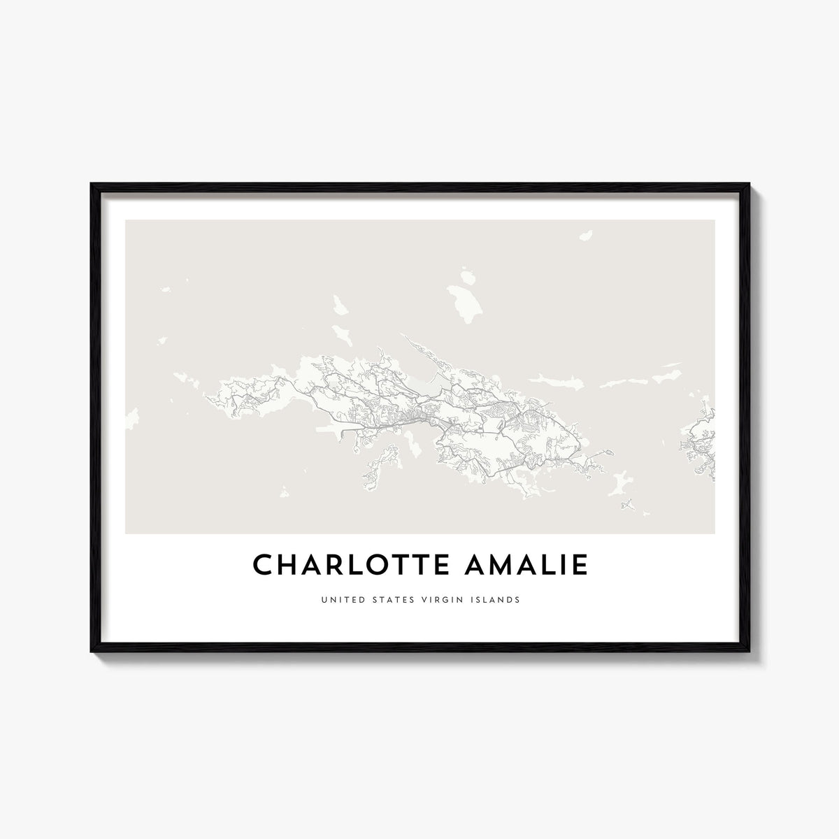 Charlotte Amalie black & white map poster of United States Virgin Islands – horizontal wall art, unframed print shown in inte