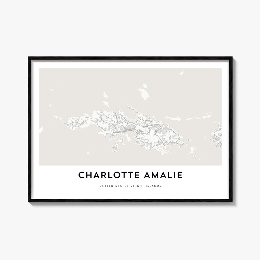 Charlotte Amalie black & white map poster of United States Virgin Islands – horizontal wall art, unframed print shown in inte
