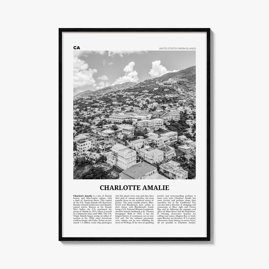 Charlotte Amalie black & white newspaper poster of United States Virgin Islands – vertical wall art, unframed print shown in 