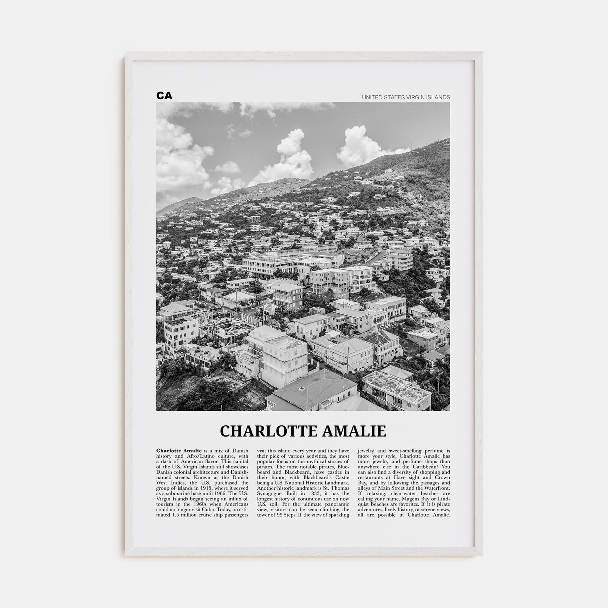 Charlotte Amalie Poster White Wood / 8x12 in Nbourhood Travel B&W Poster