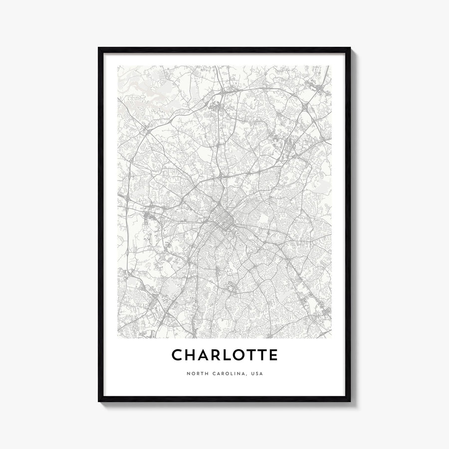 Charlotte black & white map poster of North Carolina, USA – vertical wall art, unframed print shown in interior mockup