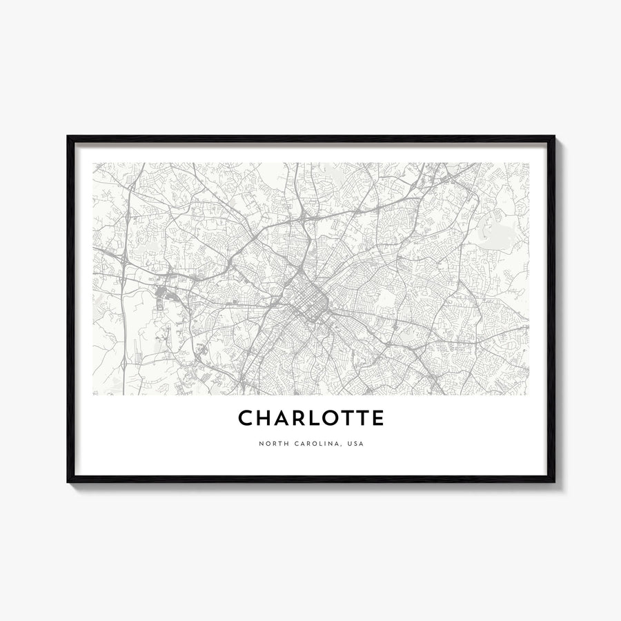Charlotte black & white map poster of North Carolina, USA – horizontal wall art, unframed print shown in interior mockup