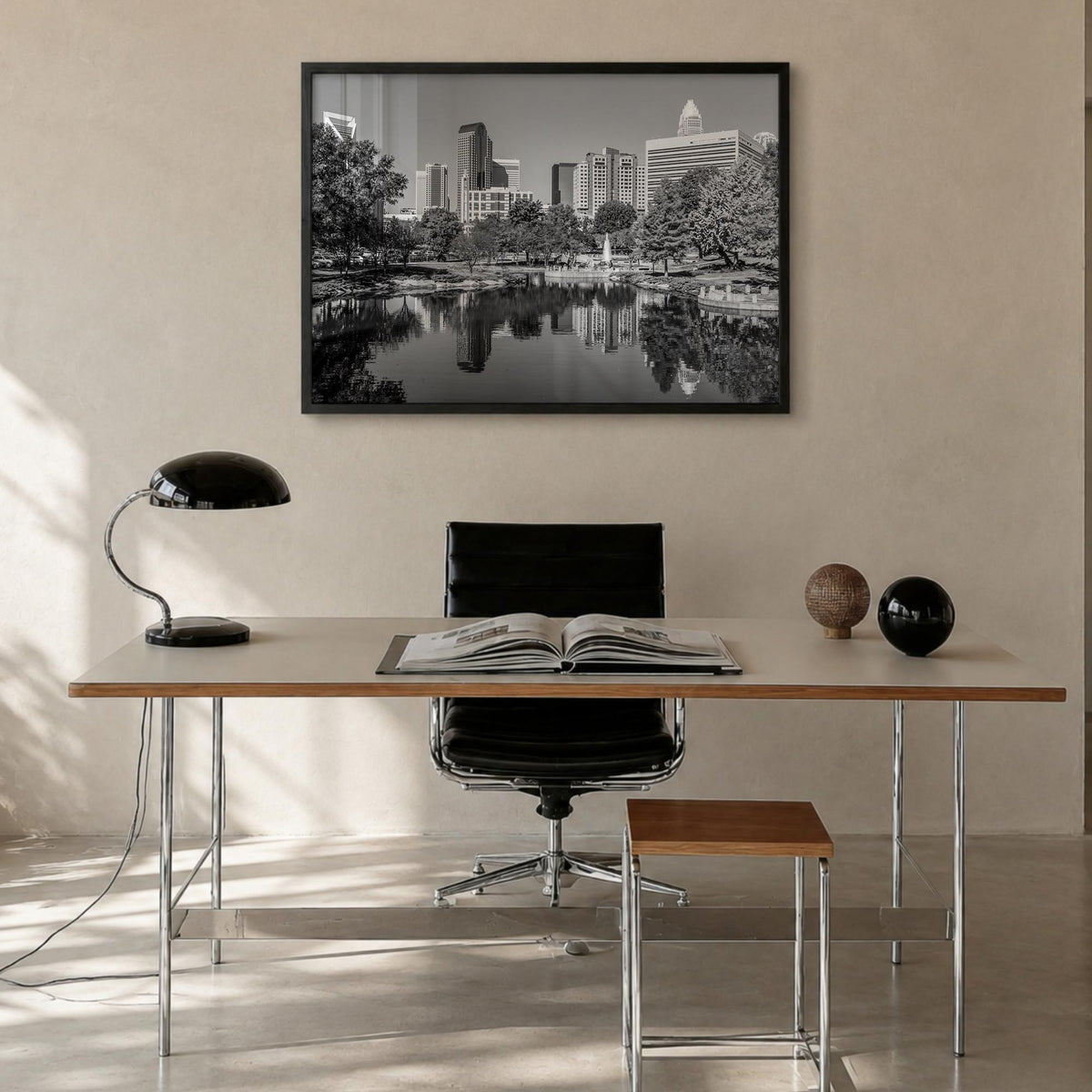 Charlotte black & white photo poster of North Carolina, USA – horizontal wall art in black wood frame, hanging on wall