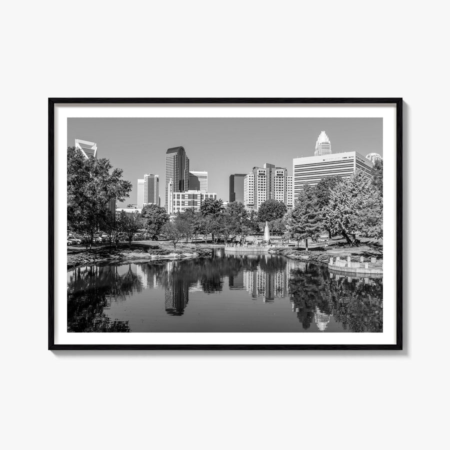 Charlotte black & white photo poster of North Carolina, USA – horizontal wall art, unframed print shown in interior mockup