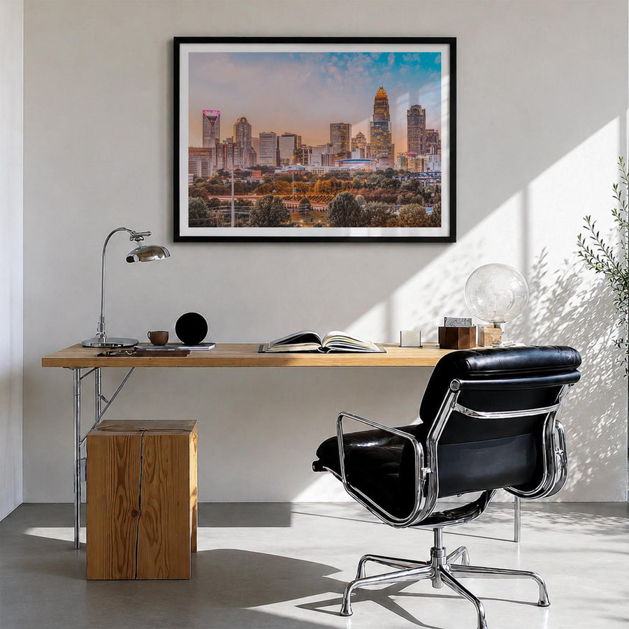 Charlotte colorful photo poster of North Carolina, USA – horizontal wall art in black wood frame with white border, hanging o