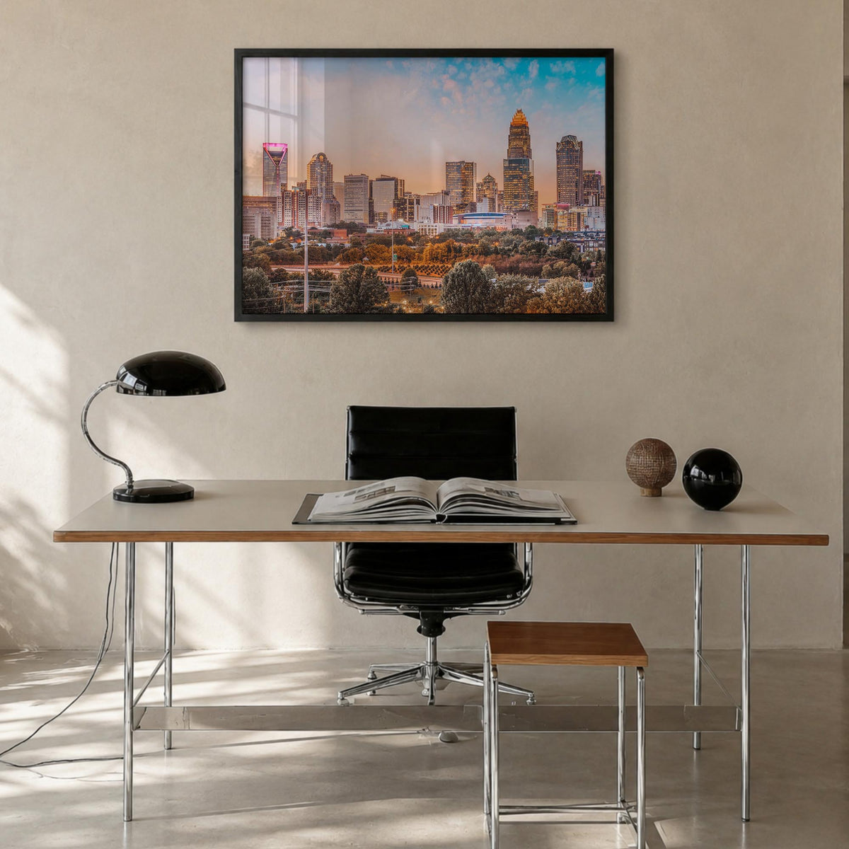 Charlotte colorful photo poster of North Carolina, USA – horizontal wall art in black wood frame, hanging on wall