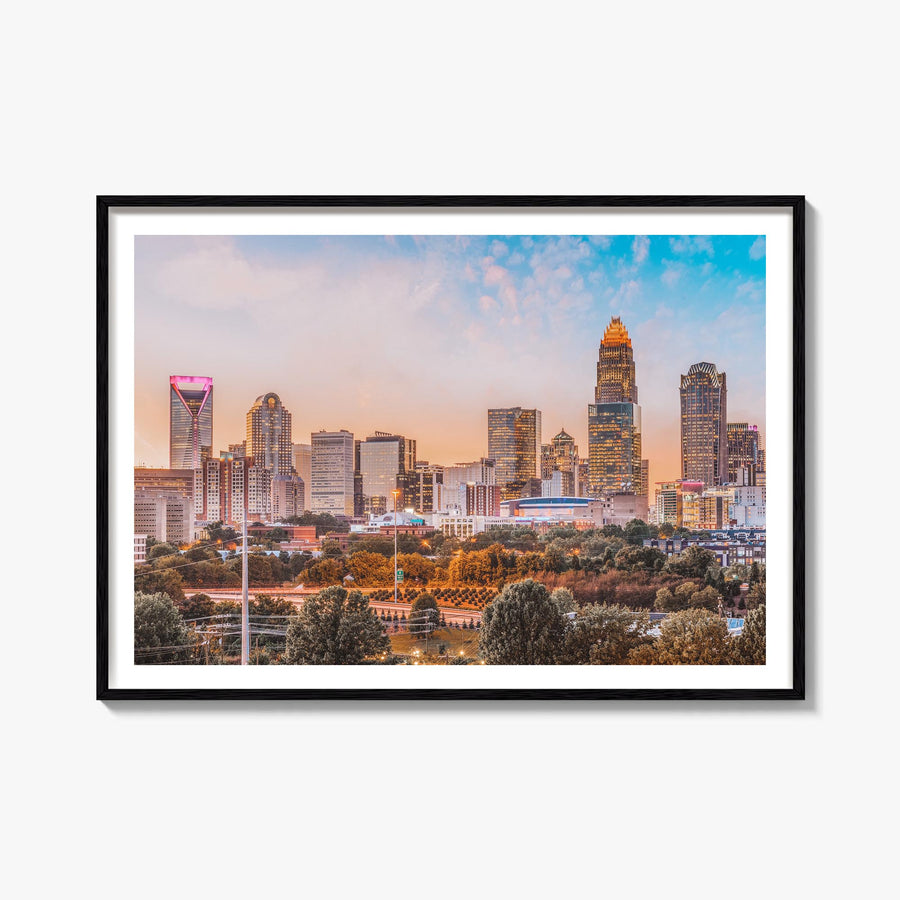 Charlotte colorful photo poster of North Carolina, USA – horizontal wall art, unframed print shown in interior mockup