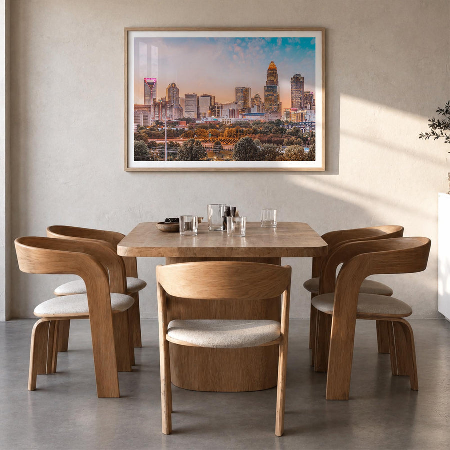 Charlotte colorful photo poster of North Carolina, USA – horizontal wall art in natural wood frame with white border, hanging