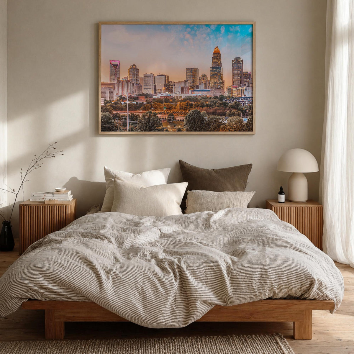Charlotte colorful photo poster of North Carolina, USA – horizontal wall art in natural wood frame, hanging on wall