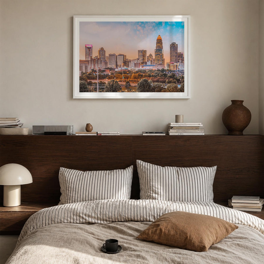 Charlotte colorful photo poster of North Carolina, USA – horizontal wall art in white wood frame with white border, hanging o