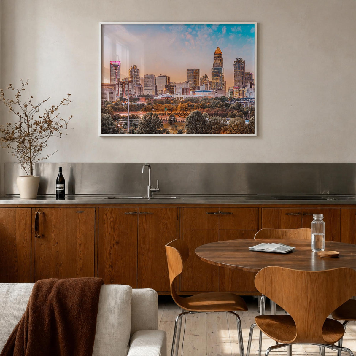 Charlotte colorful photo poster of North Carolina, USA – horizontal wall art in white wood frame, hanging on wall