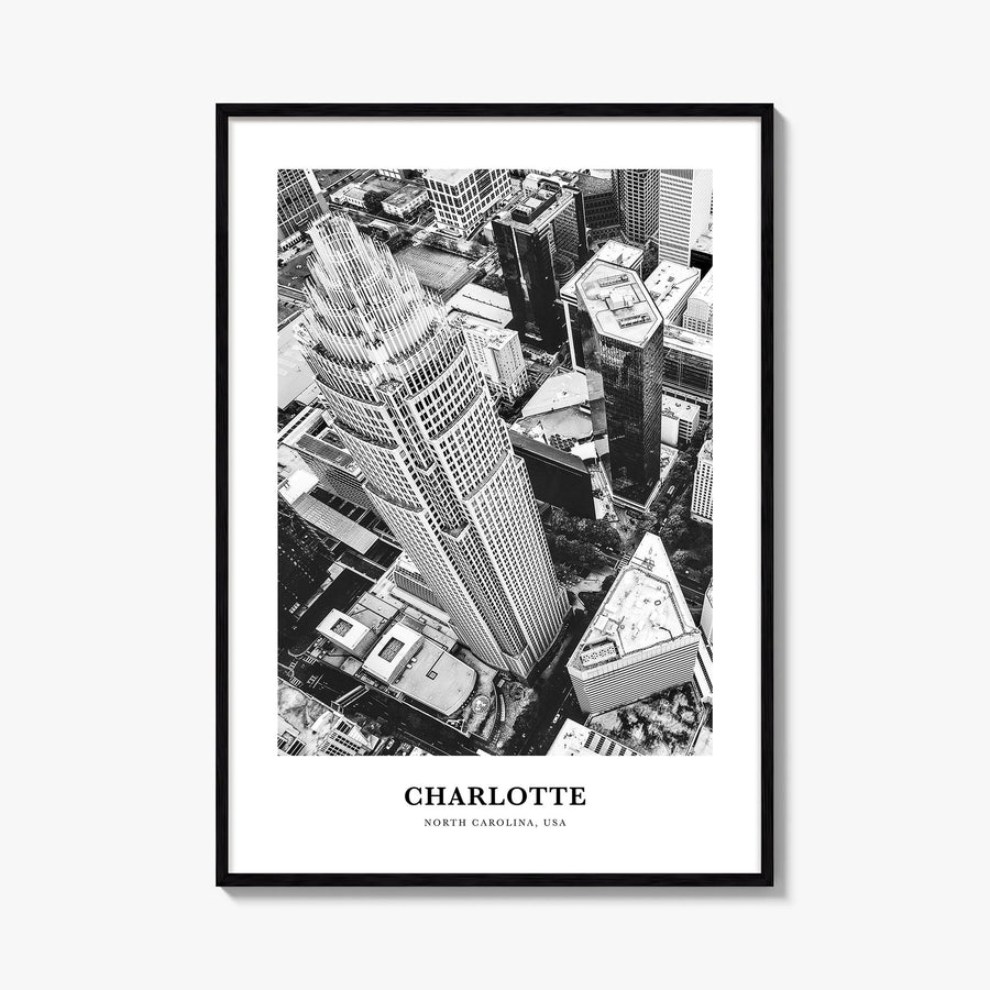 Charlotte no. 1 black & white classic poster of North Carolina, USA – vertical wall art, unframed print shown in interior moc