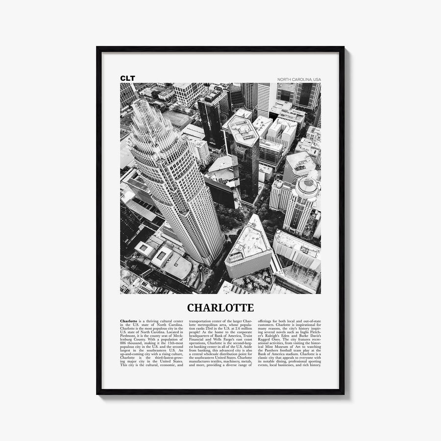 Charlotte no. 1 black & white newspaper poster of North Carolina, USA – vertical wall art, unframed print shown in interior m