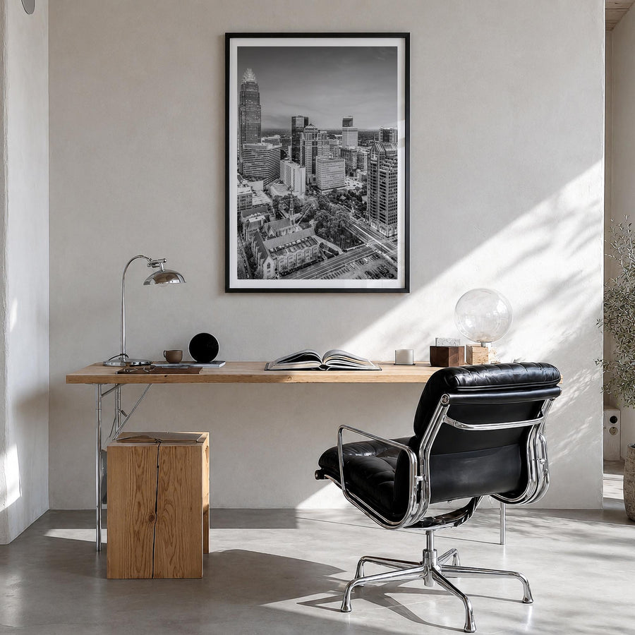 Charlotte no. 1 black & white photo poster of North Carolina, USA – vertical wall art in black wood frame with white border, 