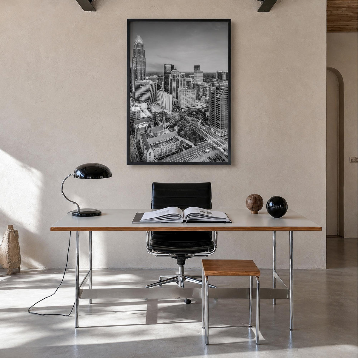 Charlotte no. 1 black & white photo poster of North Carolina, USA – vertical wall art in black wood frame, hanging on wall