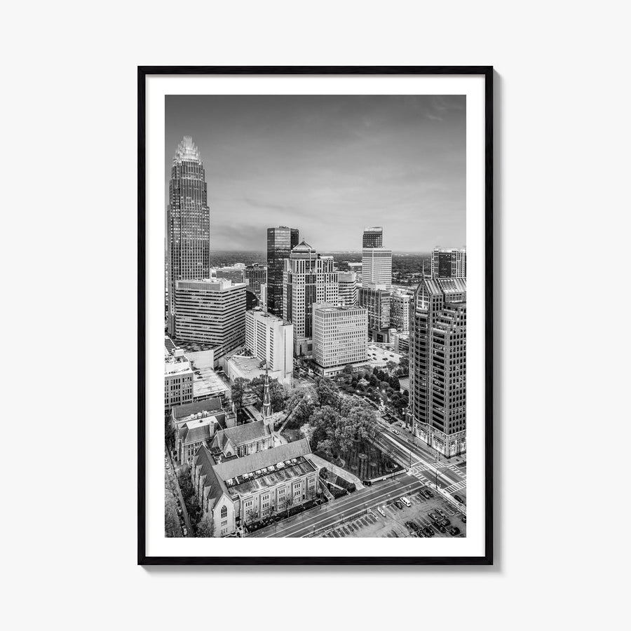 Charlotte no. 1 black & white photo poster of North Carolina, USA – vertical wall art, unframed print shown in interior mocku