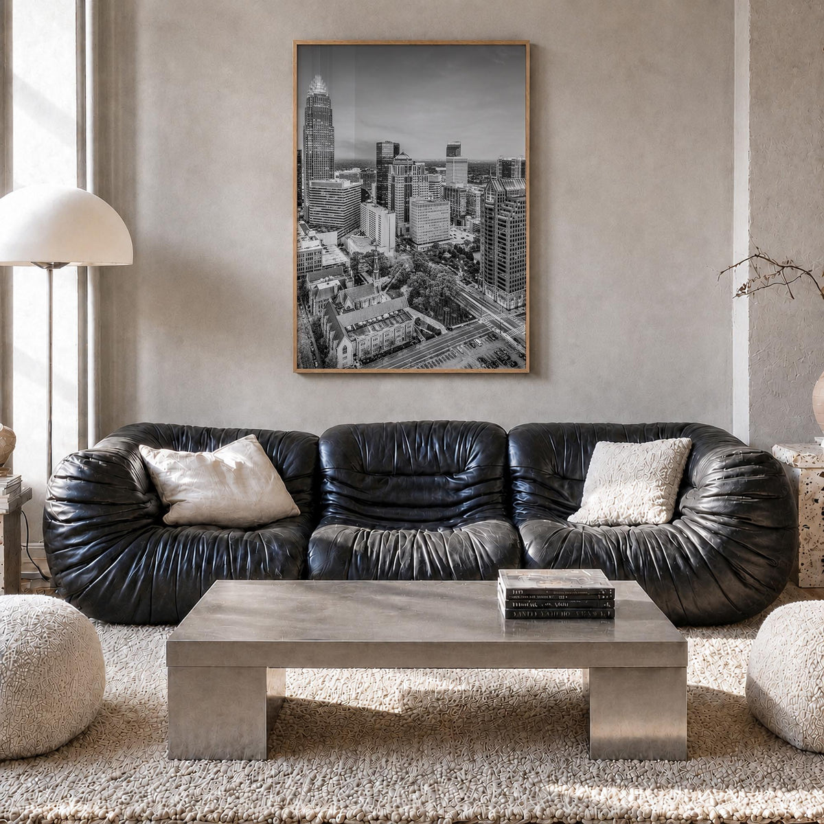 Charlotte no. 1 black & white photo poster of North Carolina, USA – vertical wall art in natural wood frame, hanging on wall