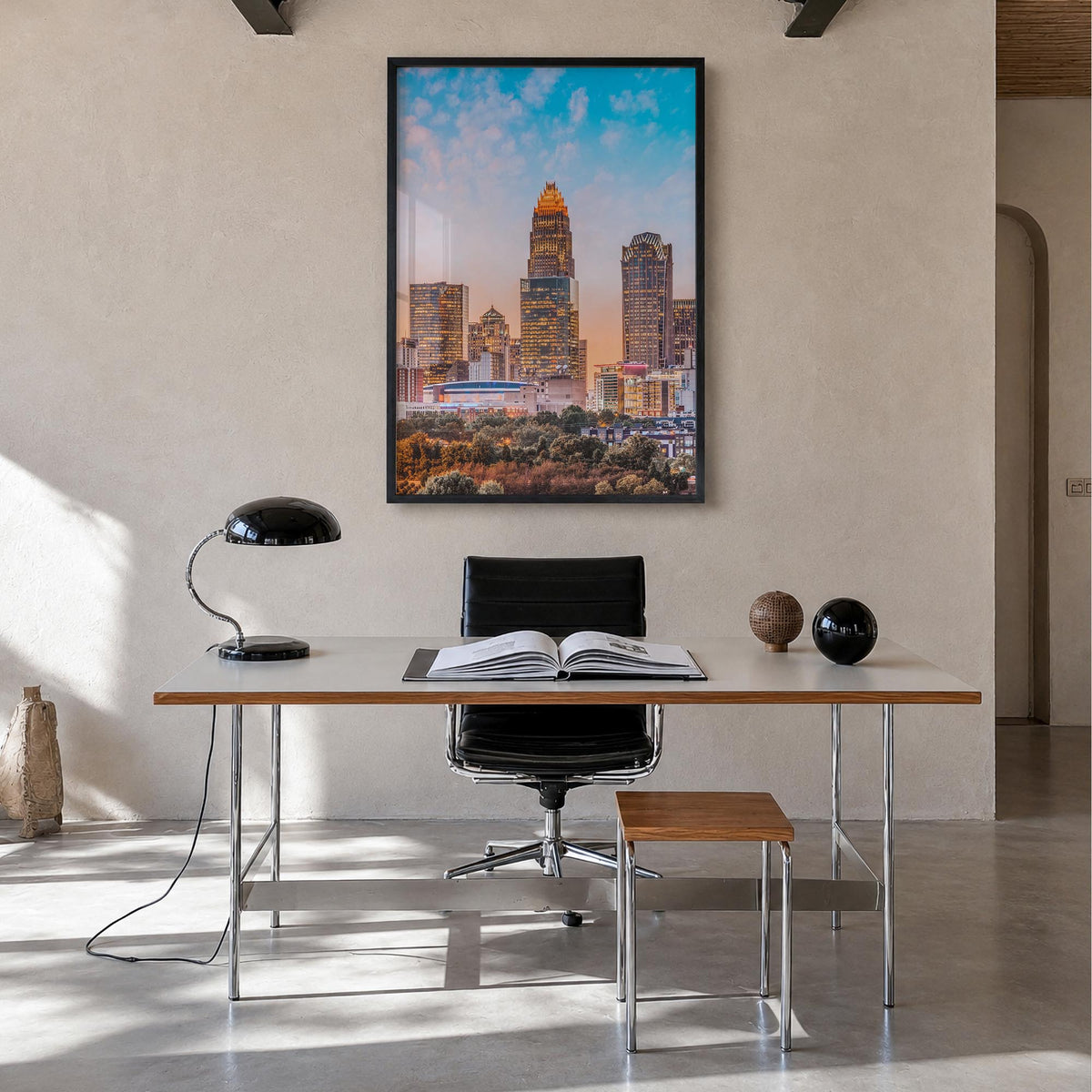 Charlotte no. 1 colorful photo poster of North Carolina, USA – vertical wall art in black wood frame, hanging on wall