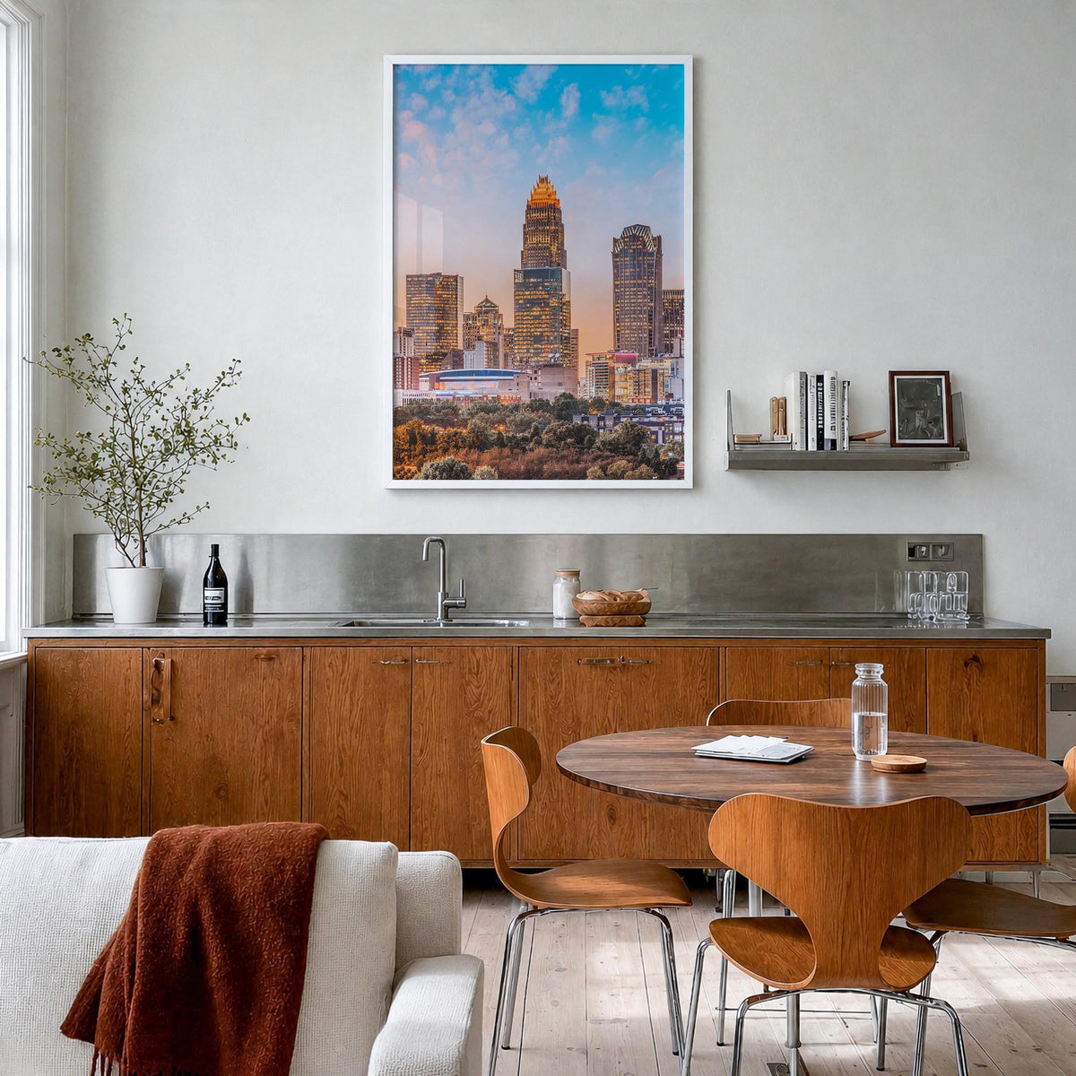 Charlotte no. 1 colorful photo poster of North Carolina, USA – vertical wall art in white wood frame, hanging on wall