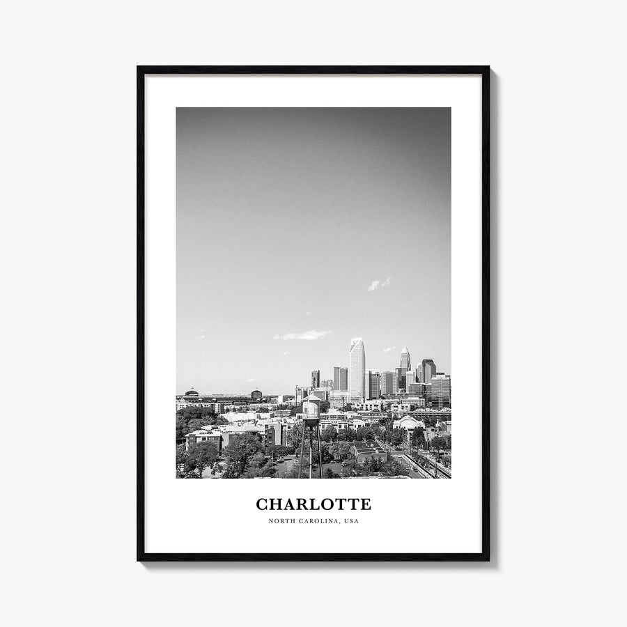 Charlotte no. 2 black & white classic poster of North Carolina, USA – vertical wall art, unframed print shown in interior moc