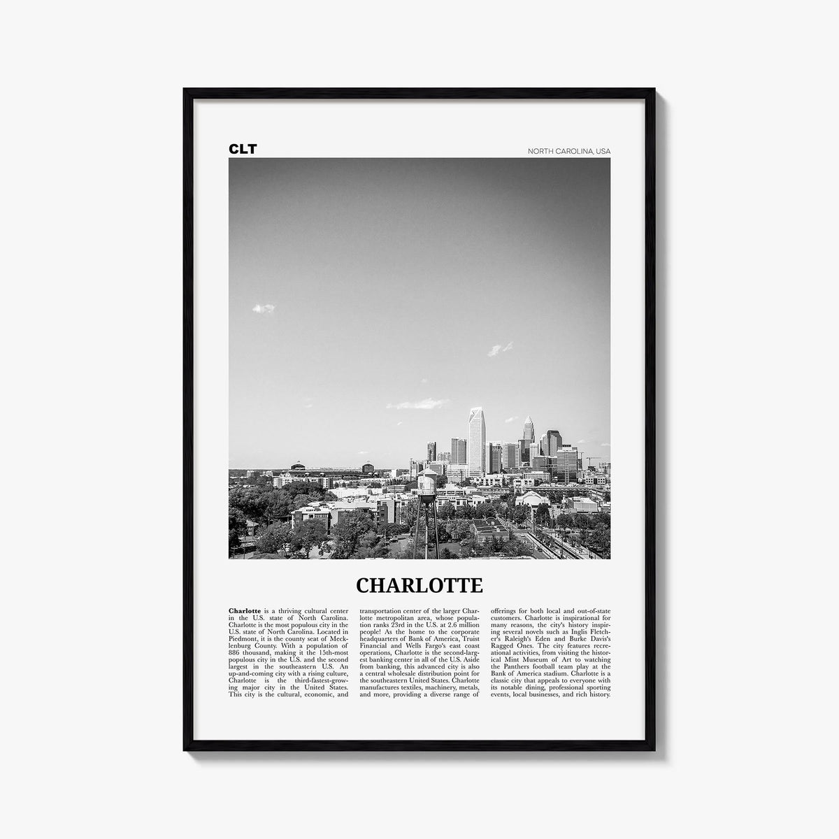 Charlotte no. 2 black & white newspaper poster of North Carolina, USA – vertical wall art, unframed print shown in interior m